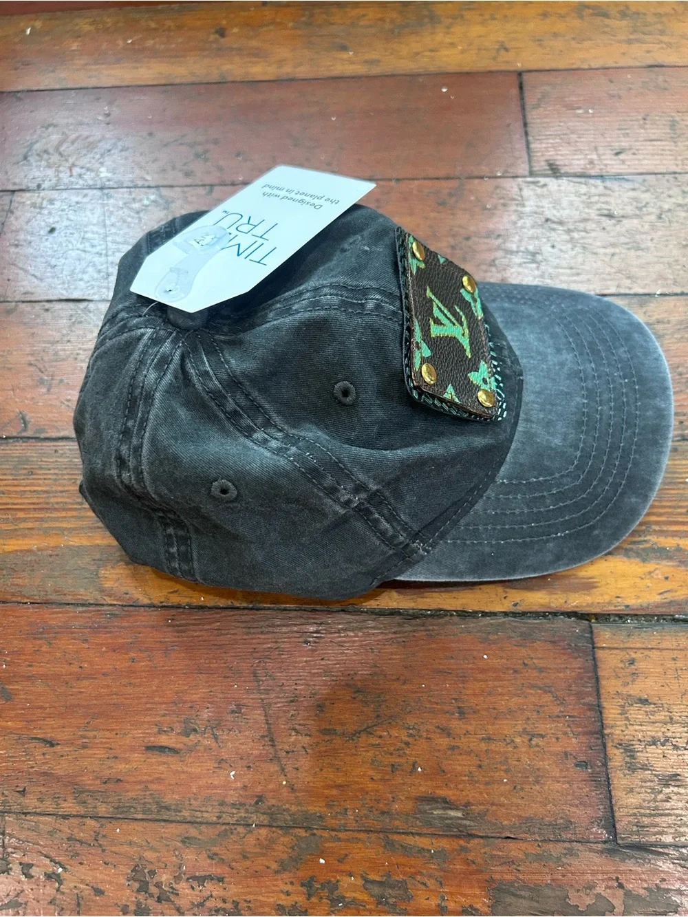 Upcycled distressed Louis Vuitton Black Baseball Cap with Green Monogram Patch